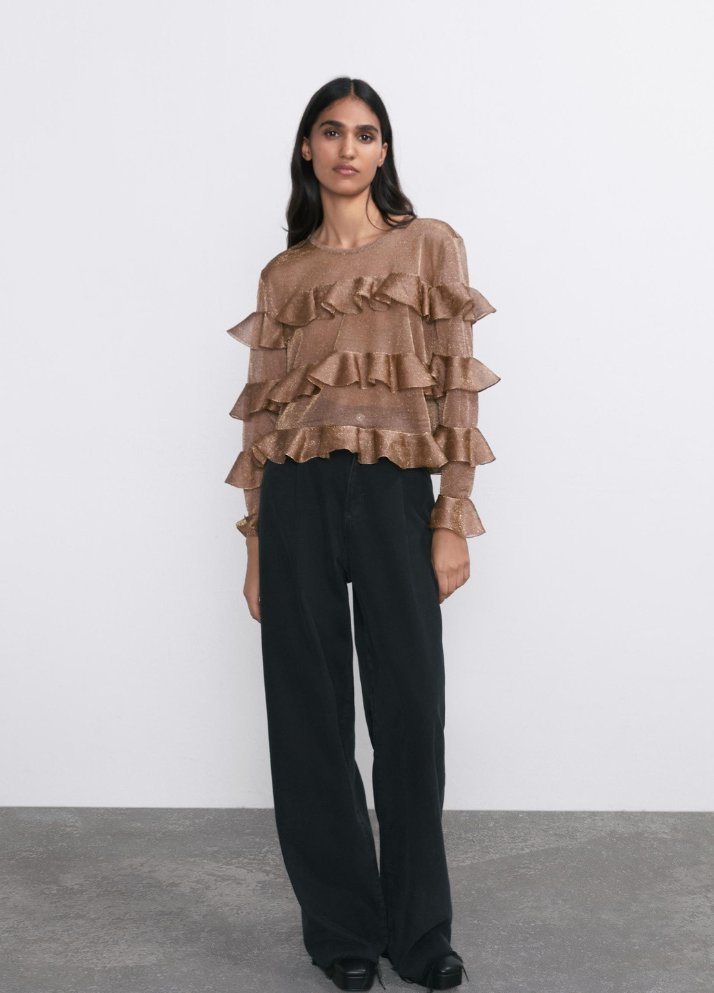 Коричнева блузка жіноча коричнева з рюшками Zara