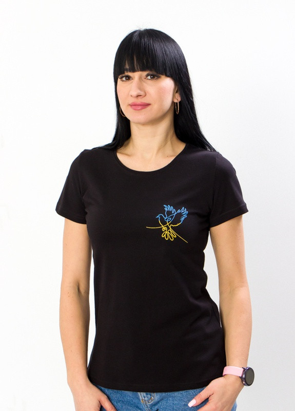Чорна літня футболка жіноча р. 46 пташка (білий) носи своє (8188-т-v10) Носи своє