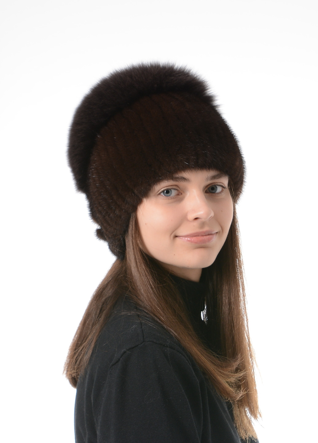 Жіноча зимова в'язана норкова шапка з помпоном Меховой Стиль стрекоза (257421602)