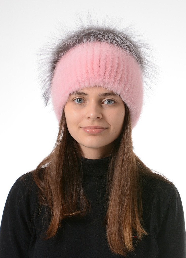 Жіноча зимова в'язана норкова шапка з помпоном Меховой Стиль стрекоза (257421603)