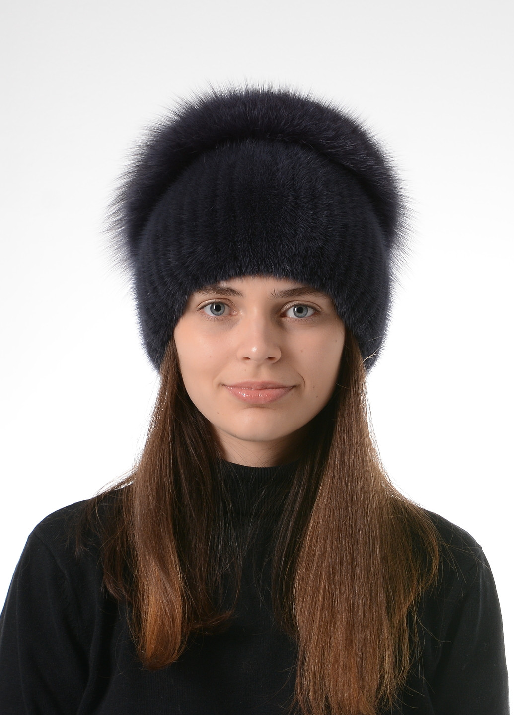 Жіноча зимова в'язана норкова шапка з помпоном Меховой Стиль стрекоза (257421609)