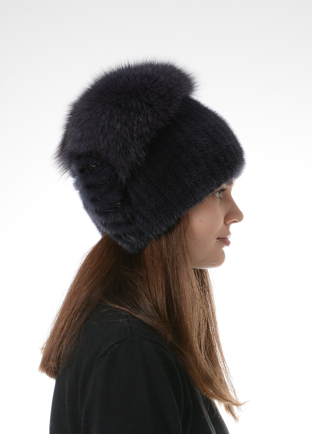 Жіноча зимова в'язана норкова шапка з помпоном Меховой Стиль стрекоза (257421609)