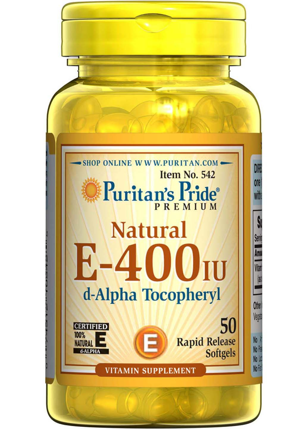 Витамин Е-400 400 МЕ 50 капсул Puritans Pride (257470589)