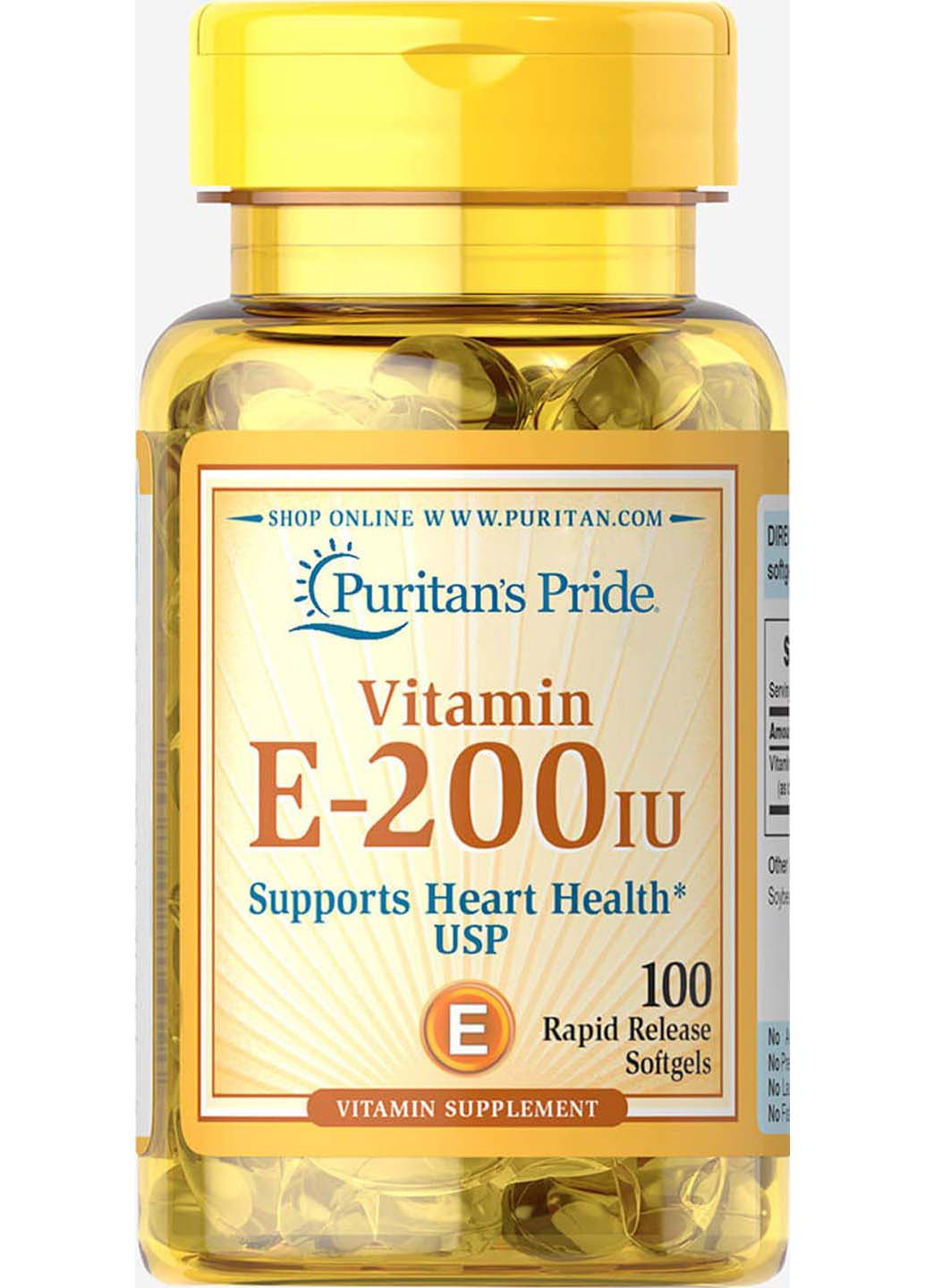 Вітамін Е 200 МО 100 гелевих капсул Puritans Pride (257470576)