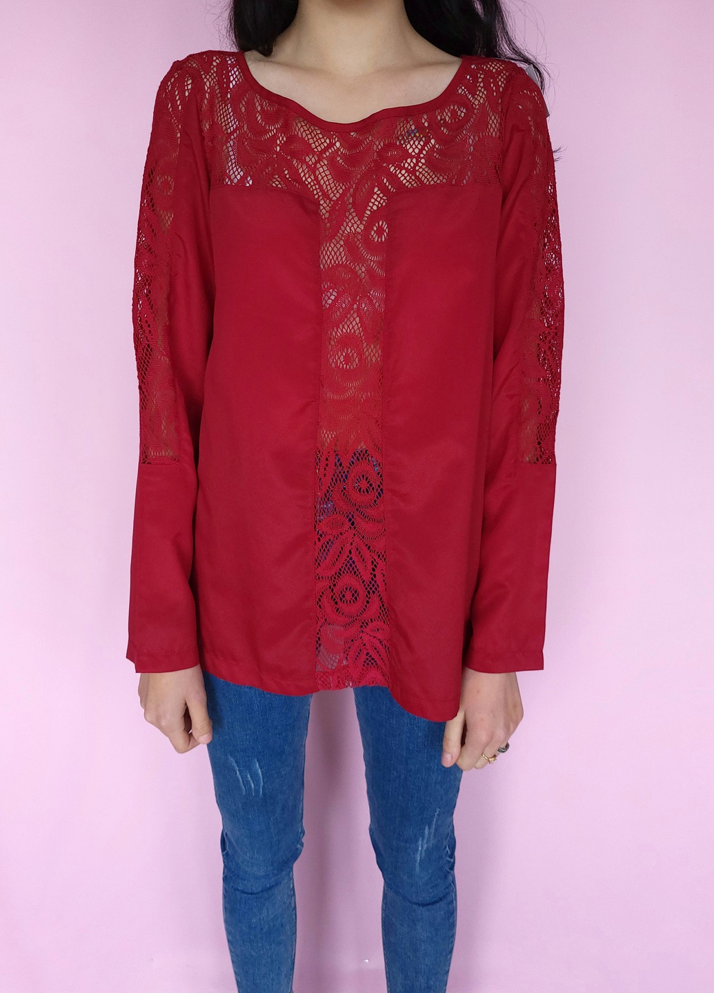 Бордовая блузка бордовая с гипюровой вставкой No Brand