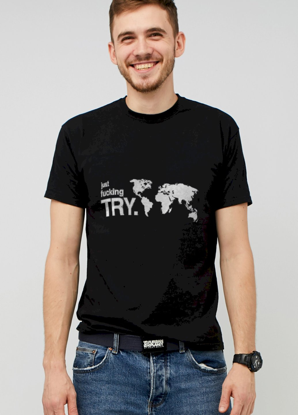 Черная футболка мужская черная принт "just fucking try" Memo