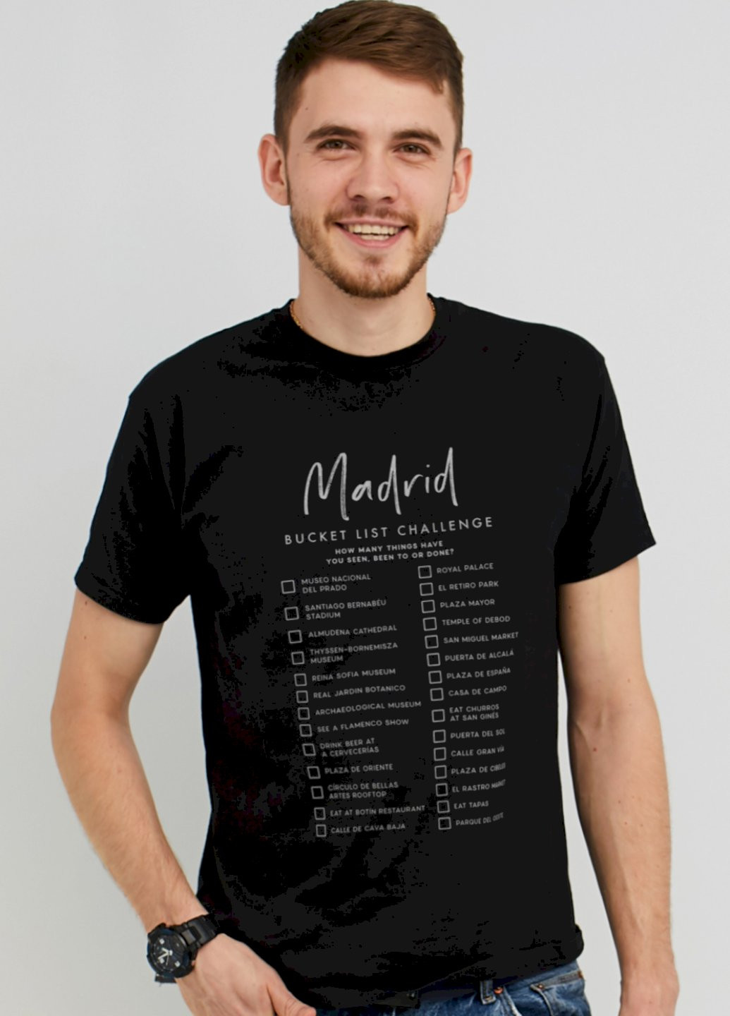 Черная футболка мужская черная "madrid. bucket list challenge " Memo