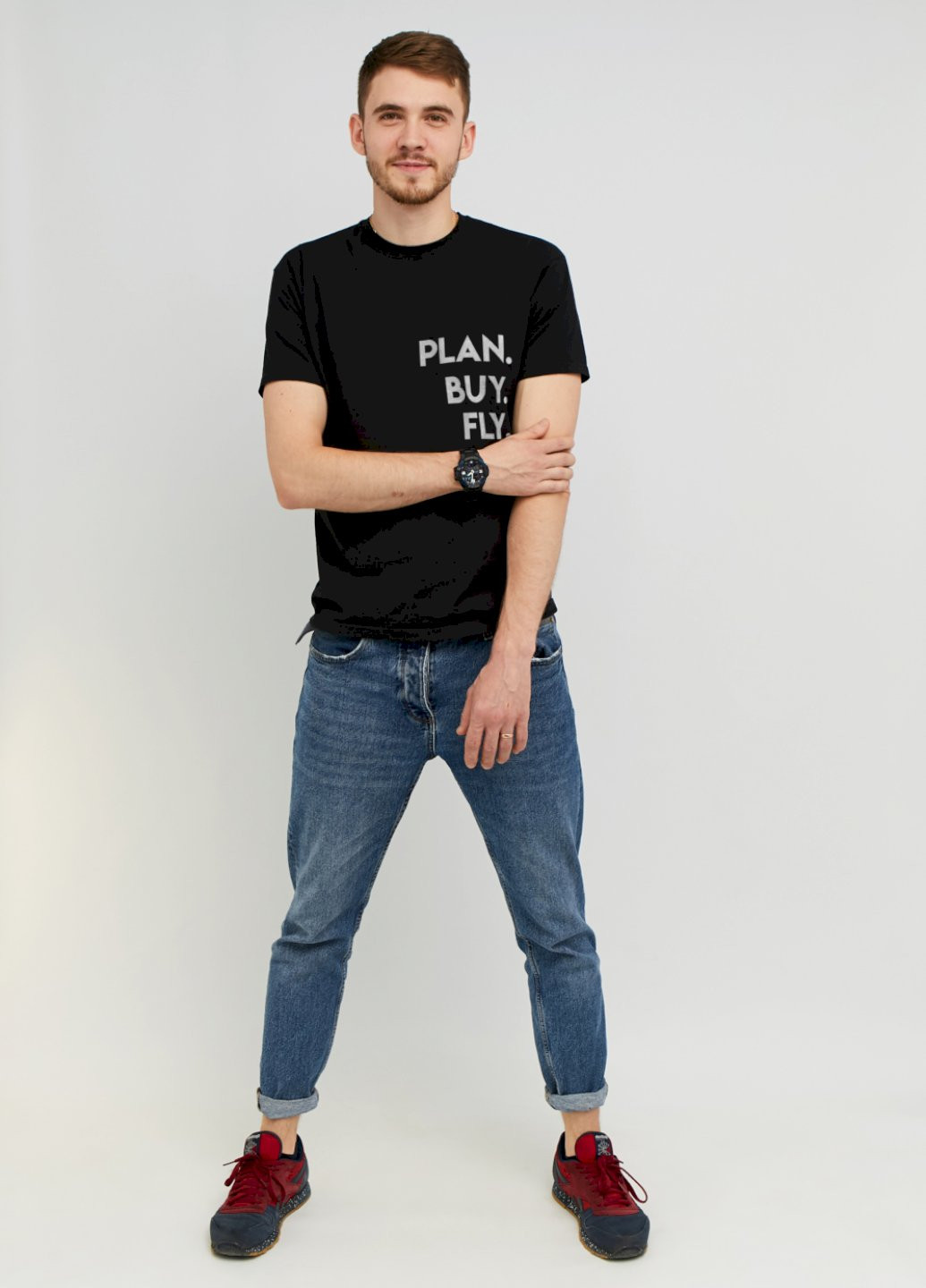Чорна футболка чоловіча чорна "plan.buy.fly" Memo