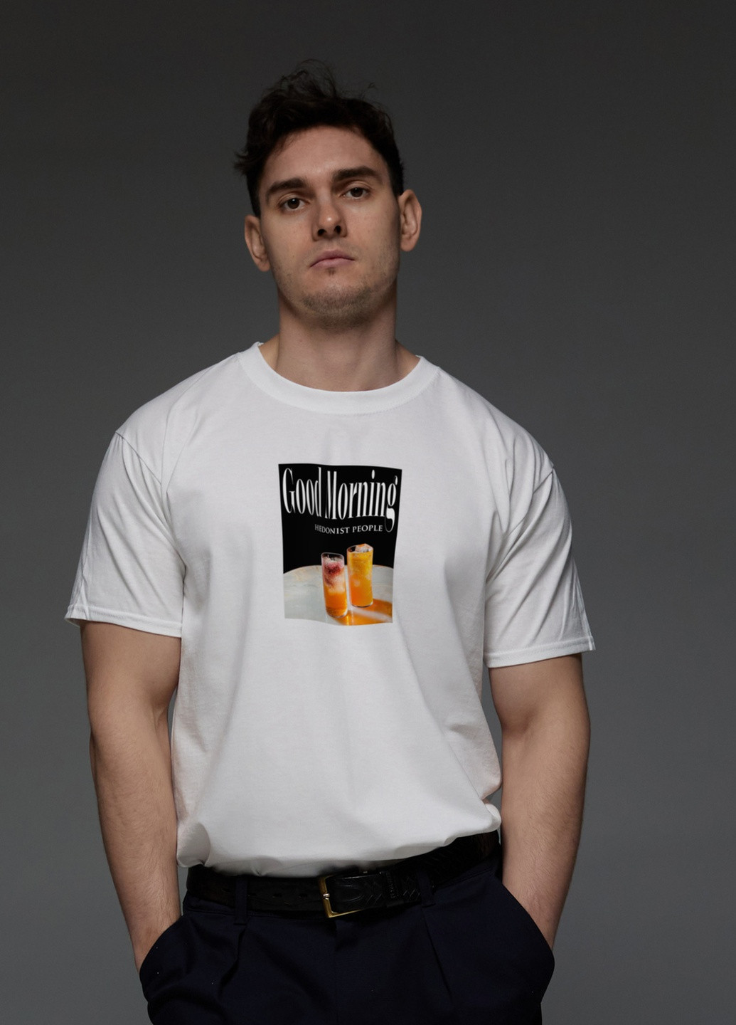 Белая футболка мужская белая "good morning hedonist people" Aspirine