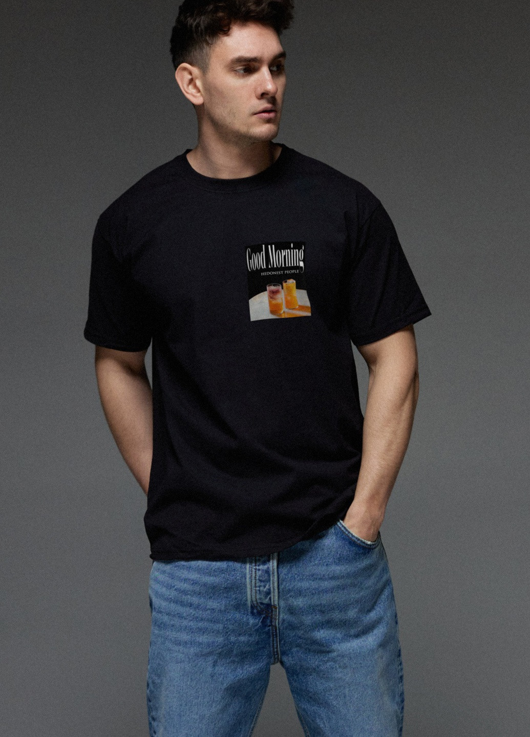 Черная футболка мужская черная "good morning hedonist people" Aspirine