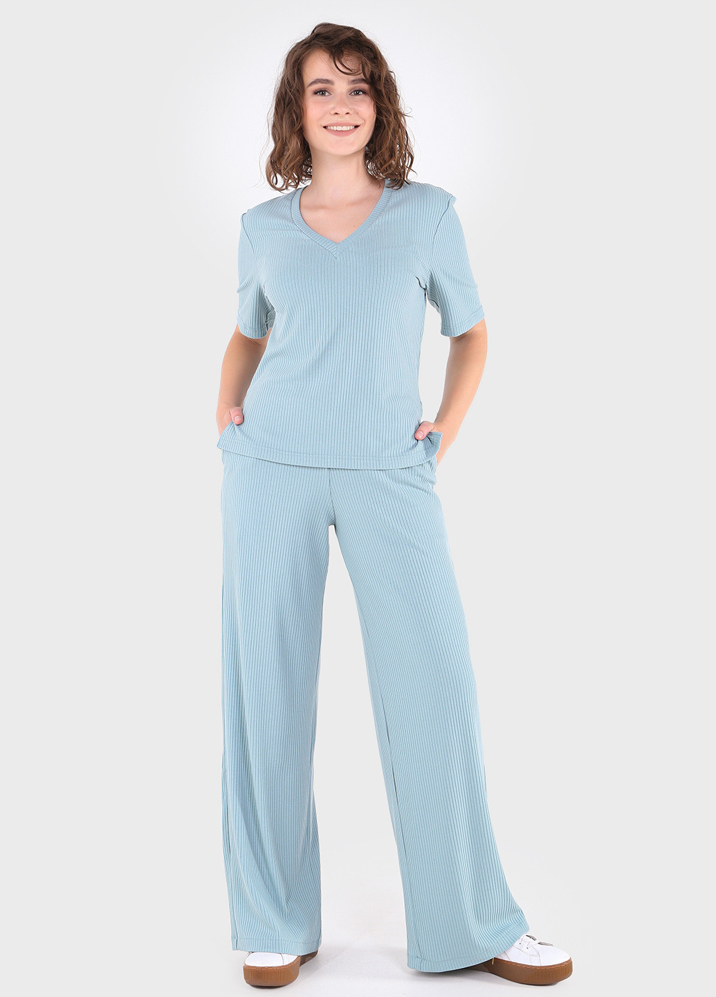 Жіночі брюки кльош у рубчик блакитного кольору Амаранті 600000068 Merlini амаранти (257533378)