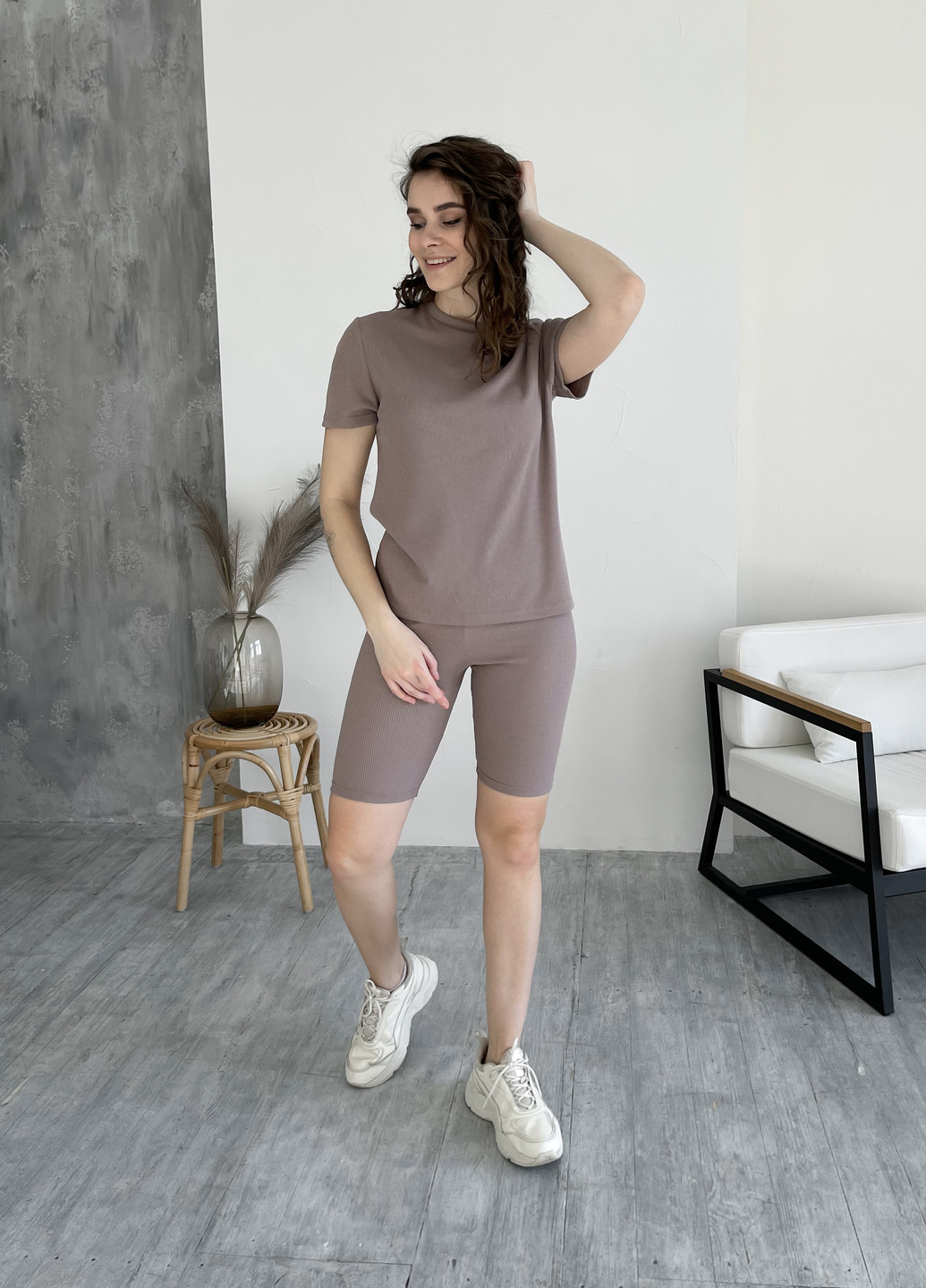 Костюм у рубчик футболка з велосипедками мокко Віваро 100000484 Merlini Виваро (257552674)