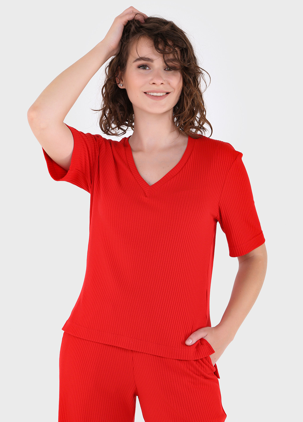 Червона літня легка футболка жіноча у рубчик 800000025 з коротким рукавом Merlini Корунья