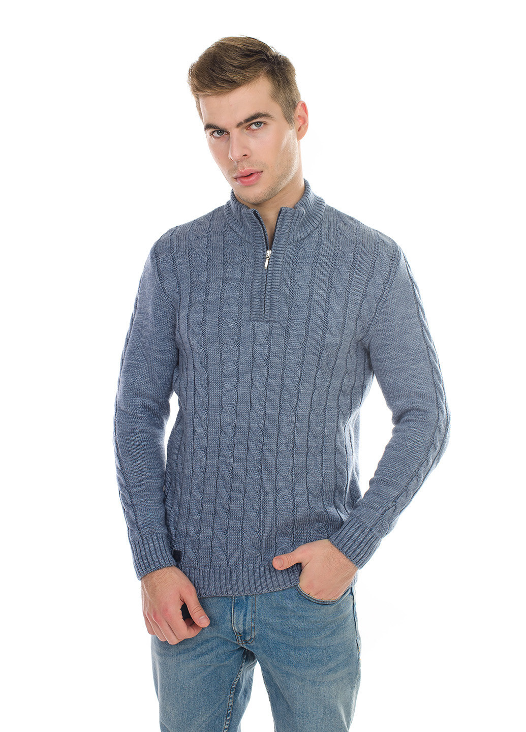 Серо-голубой теплый свитер с молнией SVTR