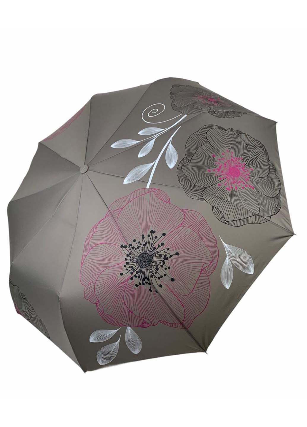 Женский складной зонт-полуавтомат от с принтом цветов Flagman складной серый