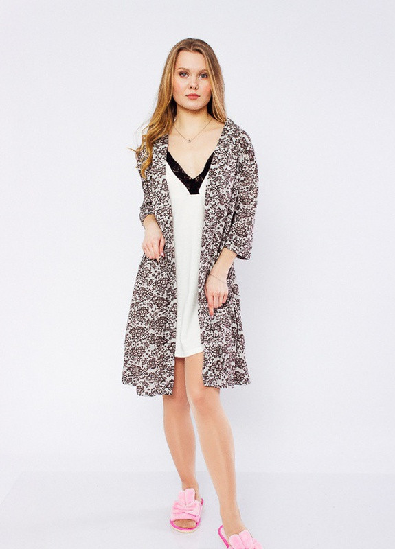 Коричневый демисезонный комплект жіночий (халат + сорочка) молочний+коричневий носи своє (p-2364-67407) Носи своє