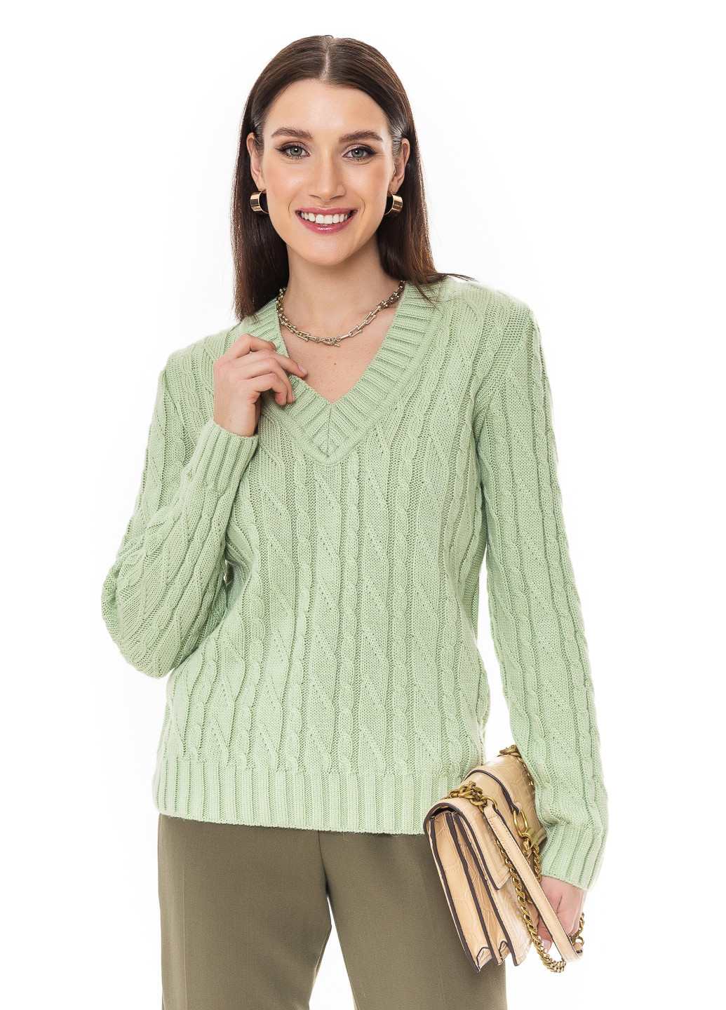 Світло-зелений светр з v-подібним коміром SVTR