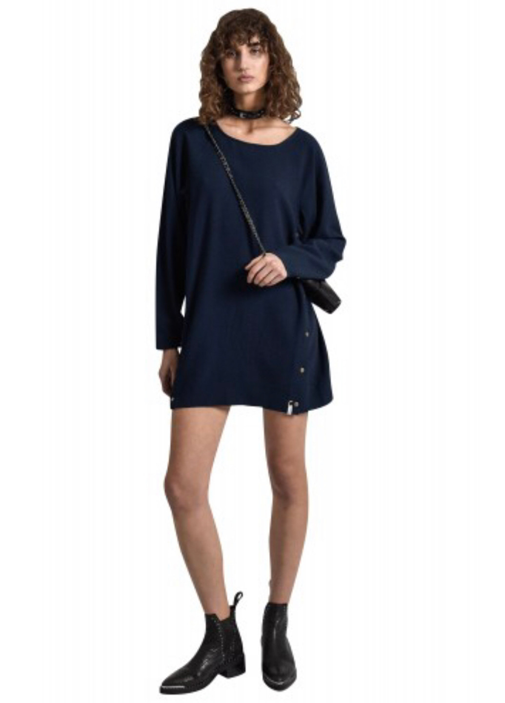 Синее повседневный мини платье с длинными рукавами оверсайз One Teaspoon однотонное