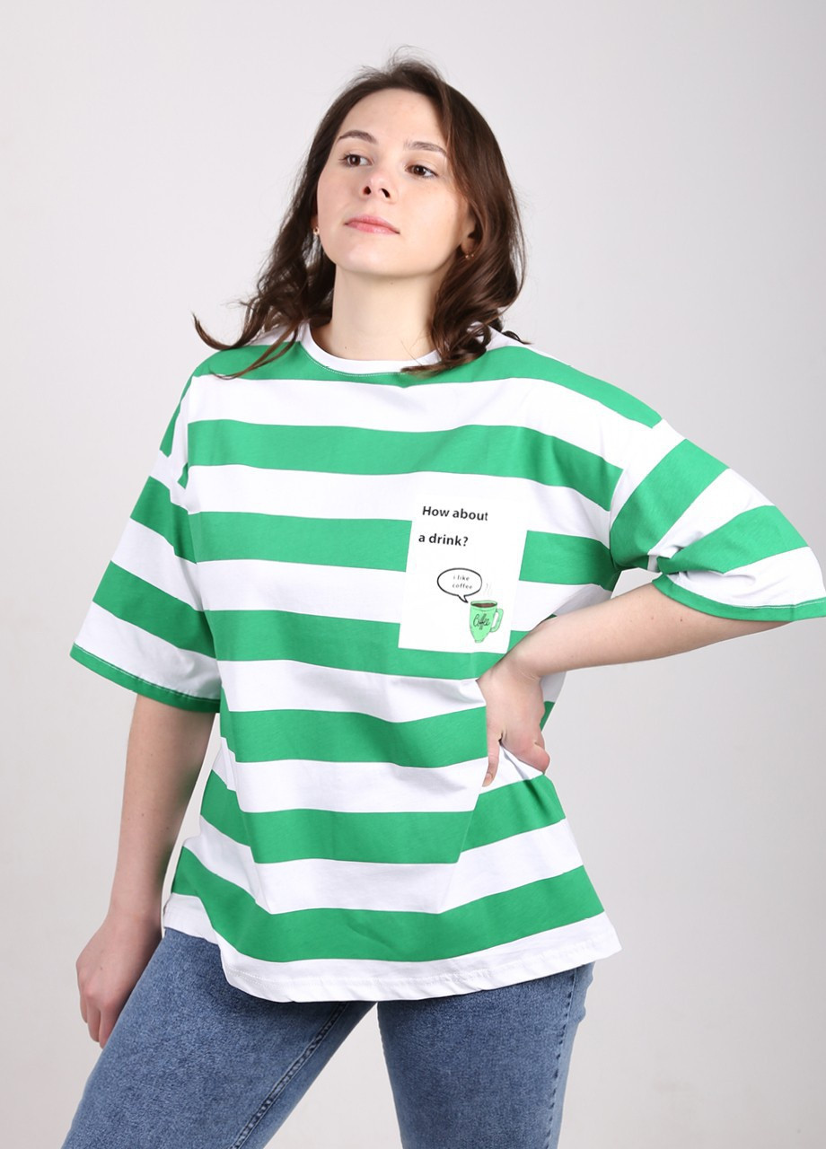 Зелена літня футболка жіноча зелена в смужку великий розмір з коротким рукавом MDG Свободная