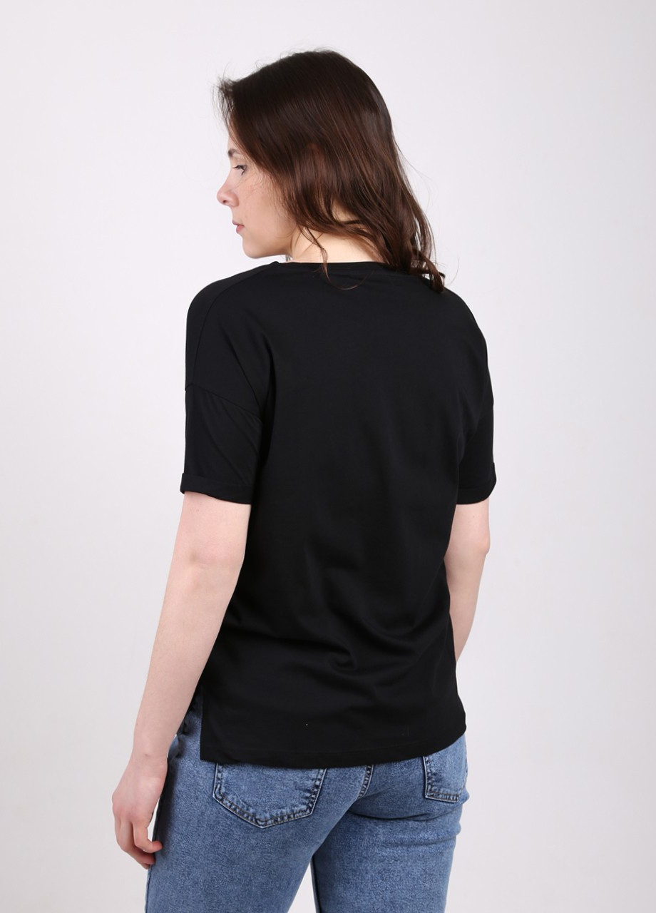Чорна літня футболка жіноча чорна із собачками пряма з коротким рукавом MDG Прямая