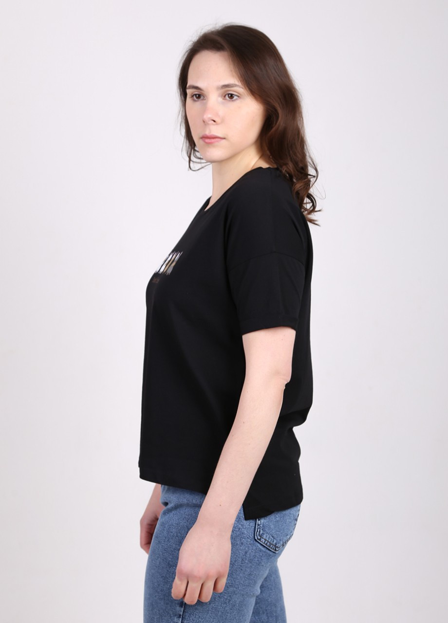 Чорна літня футболка жіноча чорна із собачками пряма з коротким рукавом MDG Прямая