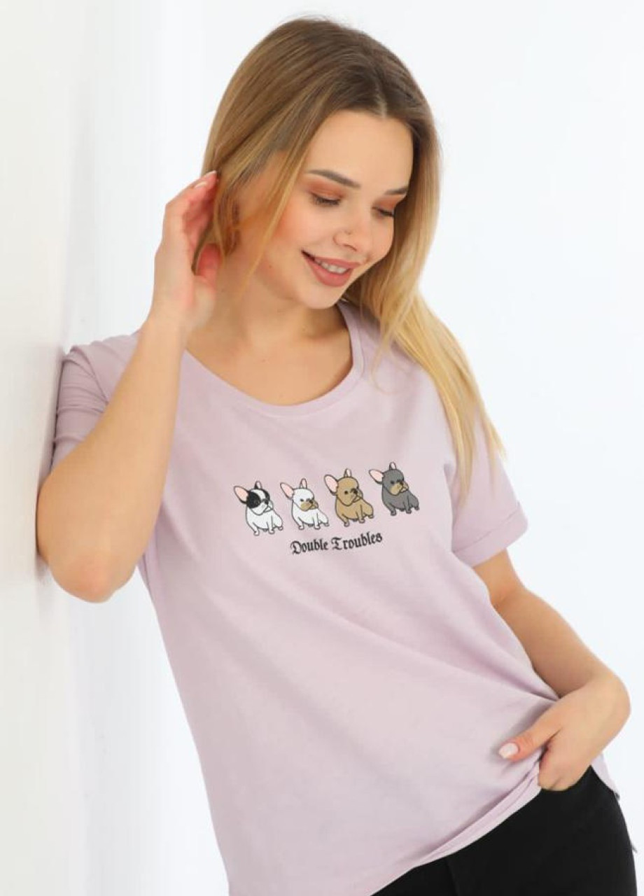 Футболка женская светло-розовая с собачками прямая MDG Прямая - (257659053)