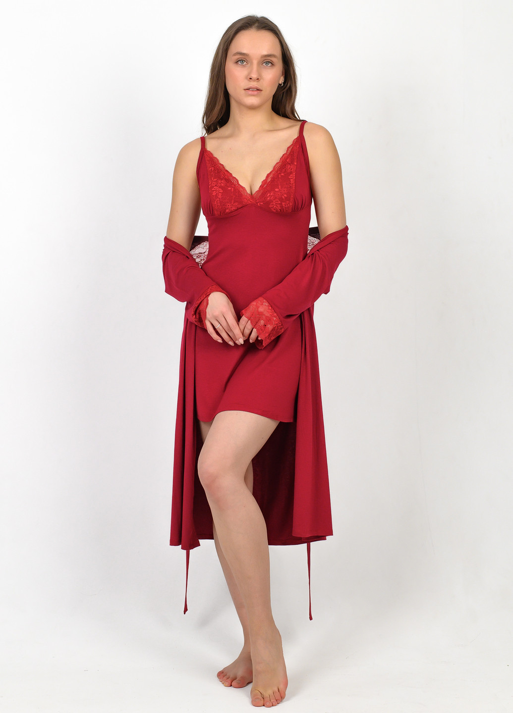 Темно-червоний жіночий комплект халат+ сорочка NEL