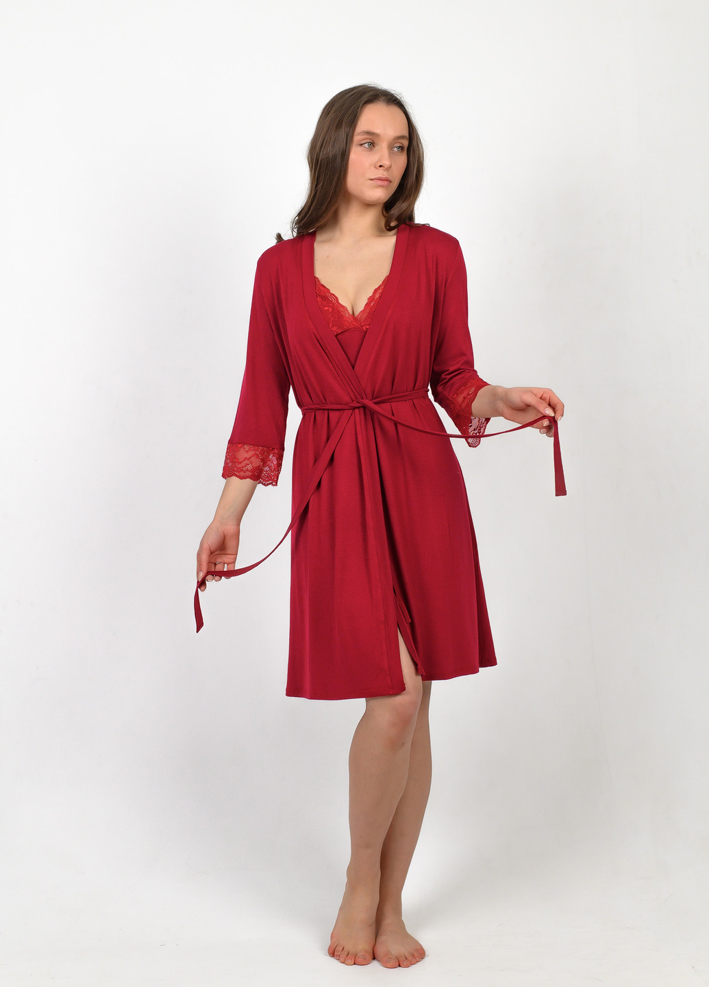 Темно-красный женский комплект халат+сорочка NEL