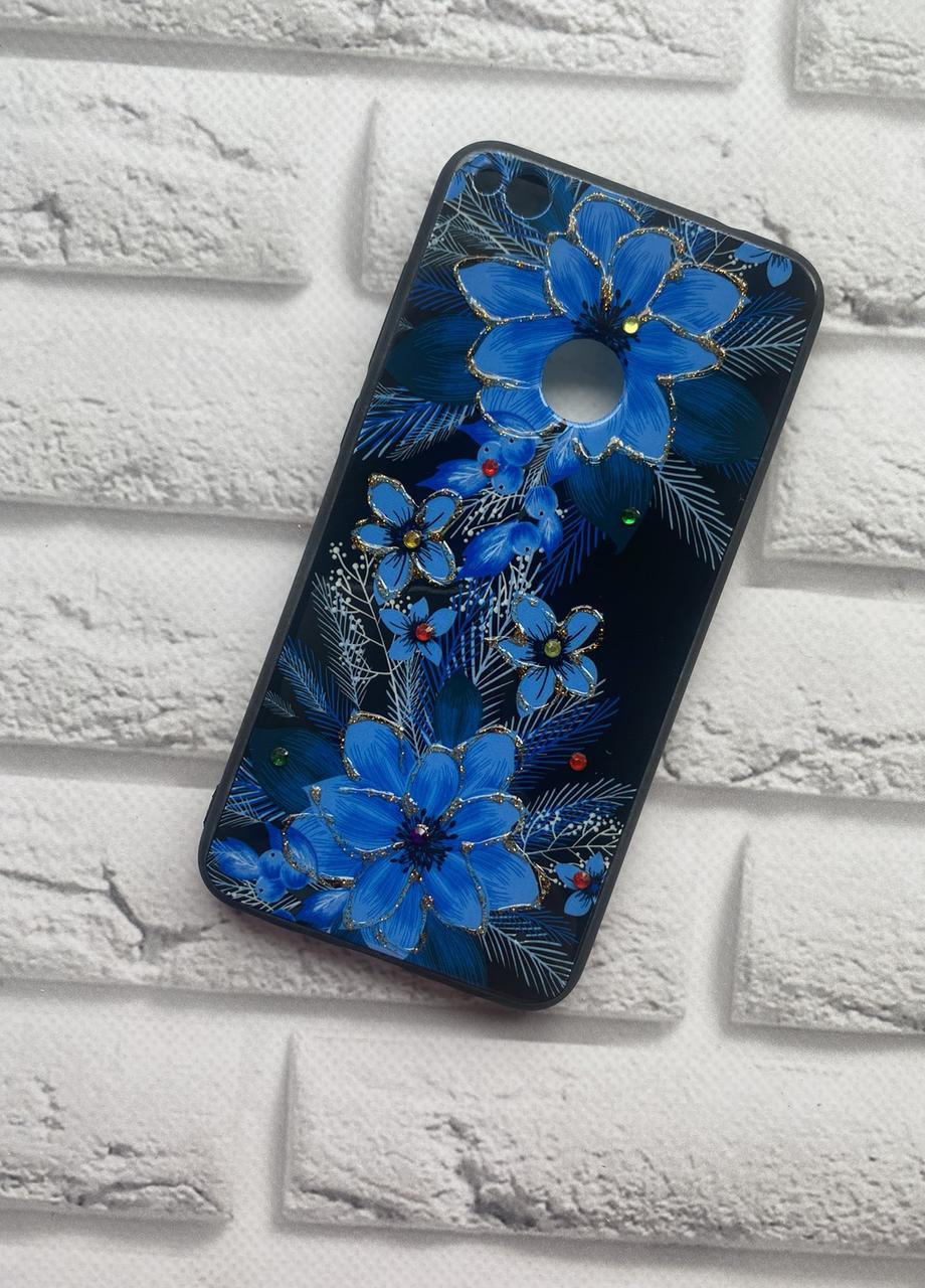 Силіконовий чохол з блискітками для Huawei P8 Lite 2017 / P9 Lite 2017 Квіти сині Creative (257677636)