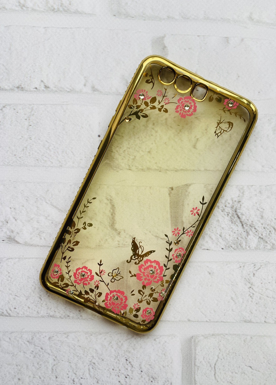 Силіконовий чохол із золотим обідком та малюнком для Huawei P10 Plus Рожеві квіти Creative (257677631)