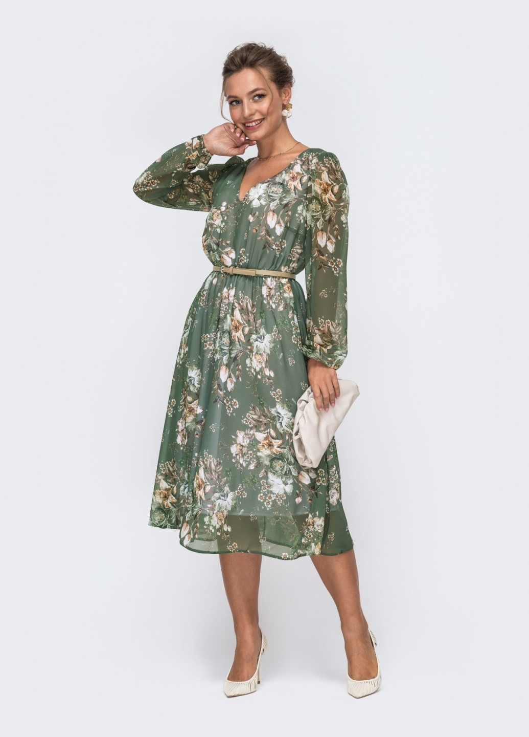 Оливковое (хаки) кэжуал шифоновое кежуал платье с цветочным принтом хаки клеш Dressa с цветочным принтом