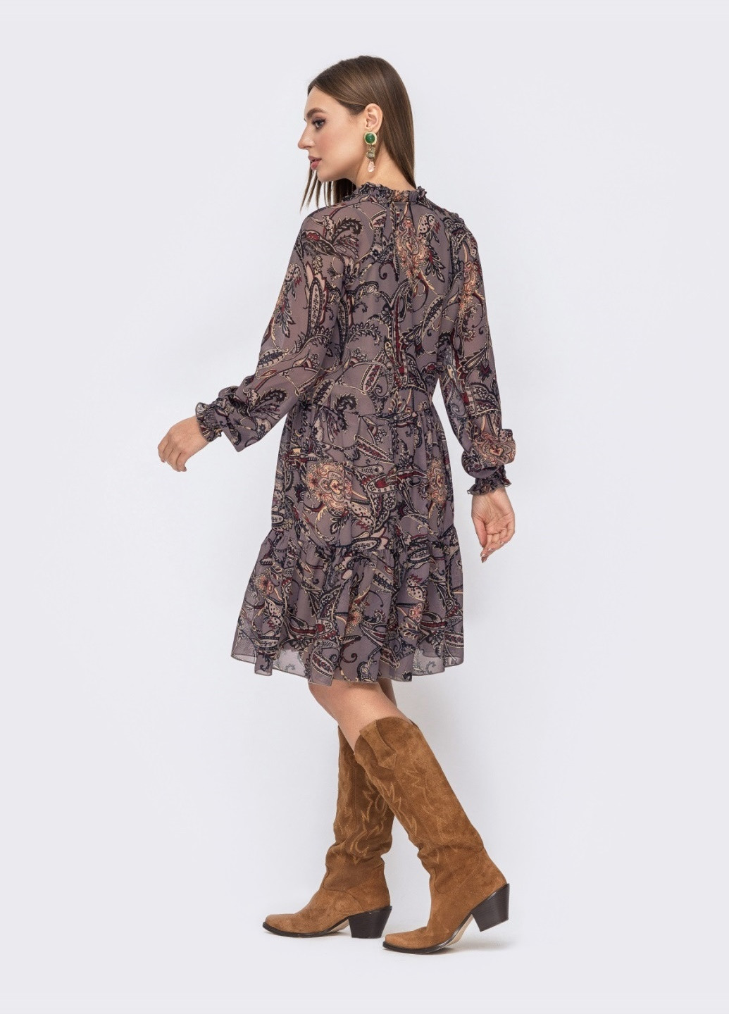 Коричневое кэжуал расклешенное кежуал платье из шифона с принтом коричневое а-силуэт Dressa с абстрактным узором