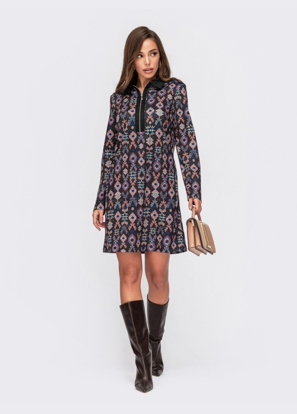 Темно-сіра плаття-сорочка з принтом і довгим рукавом темно-сіре Dressa