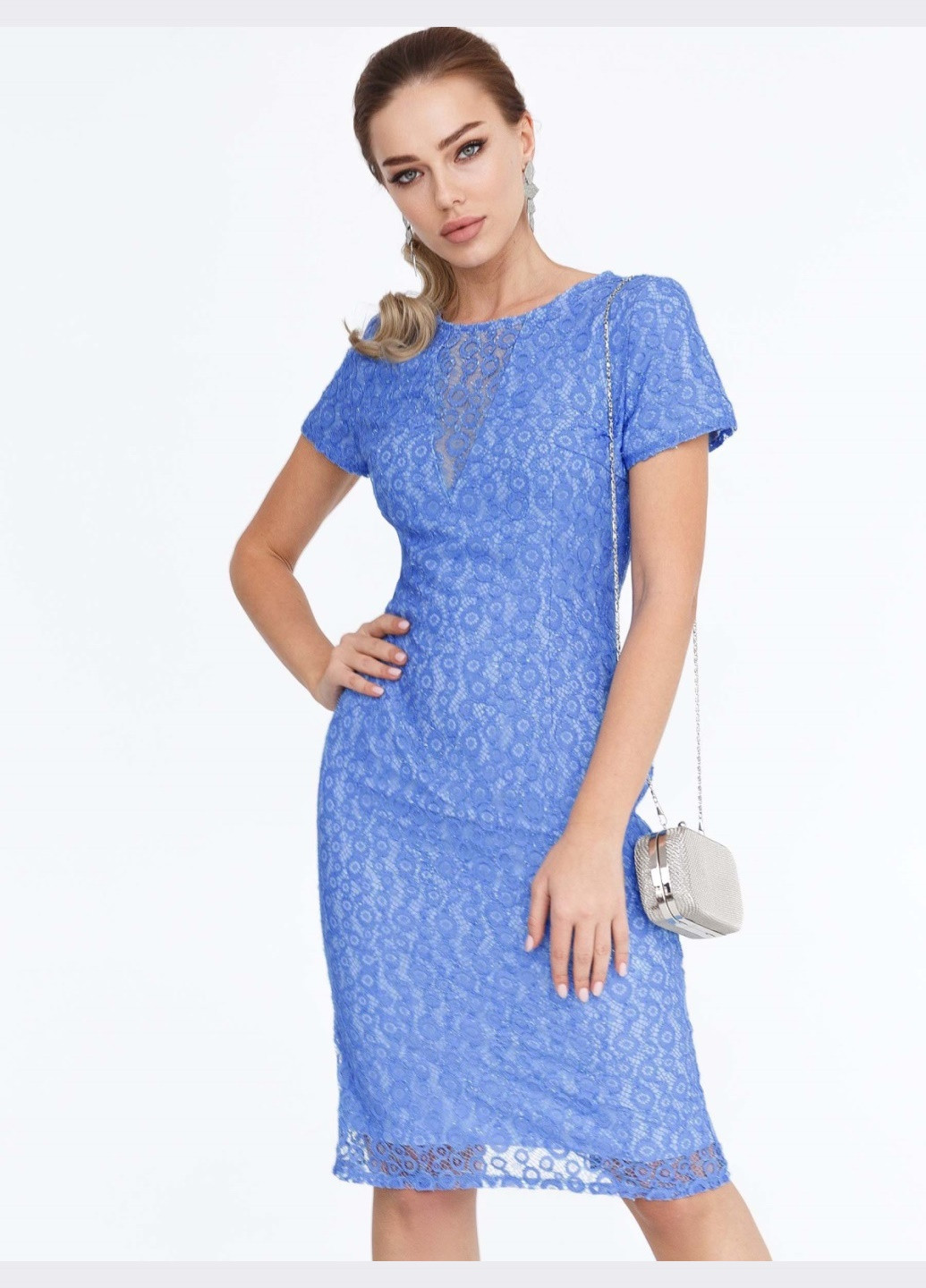 Голубое голубое платье-футляр из гипюра Dressa