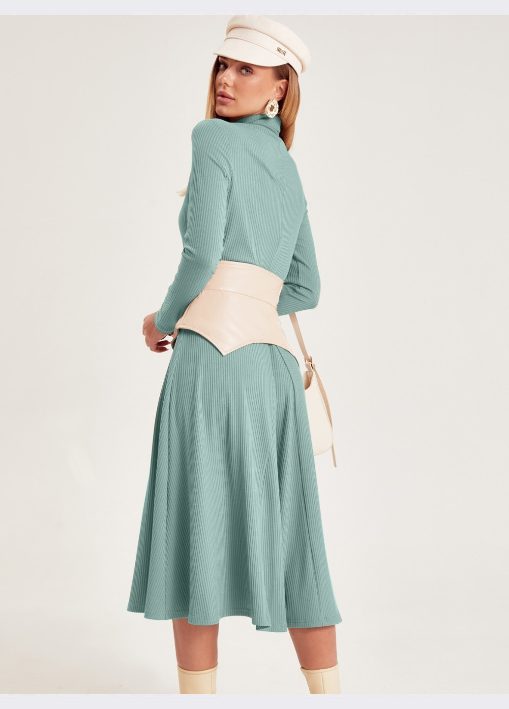 Бирюзовое бирюзовое платье-клёш из фактурного трикотажа с воротником Dressa
