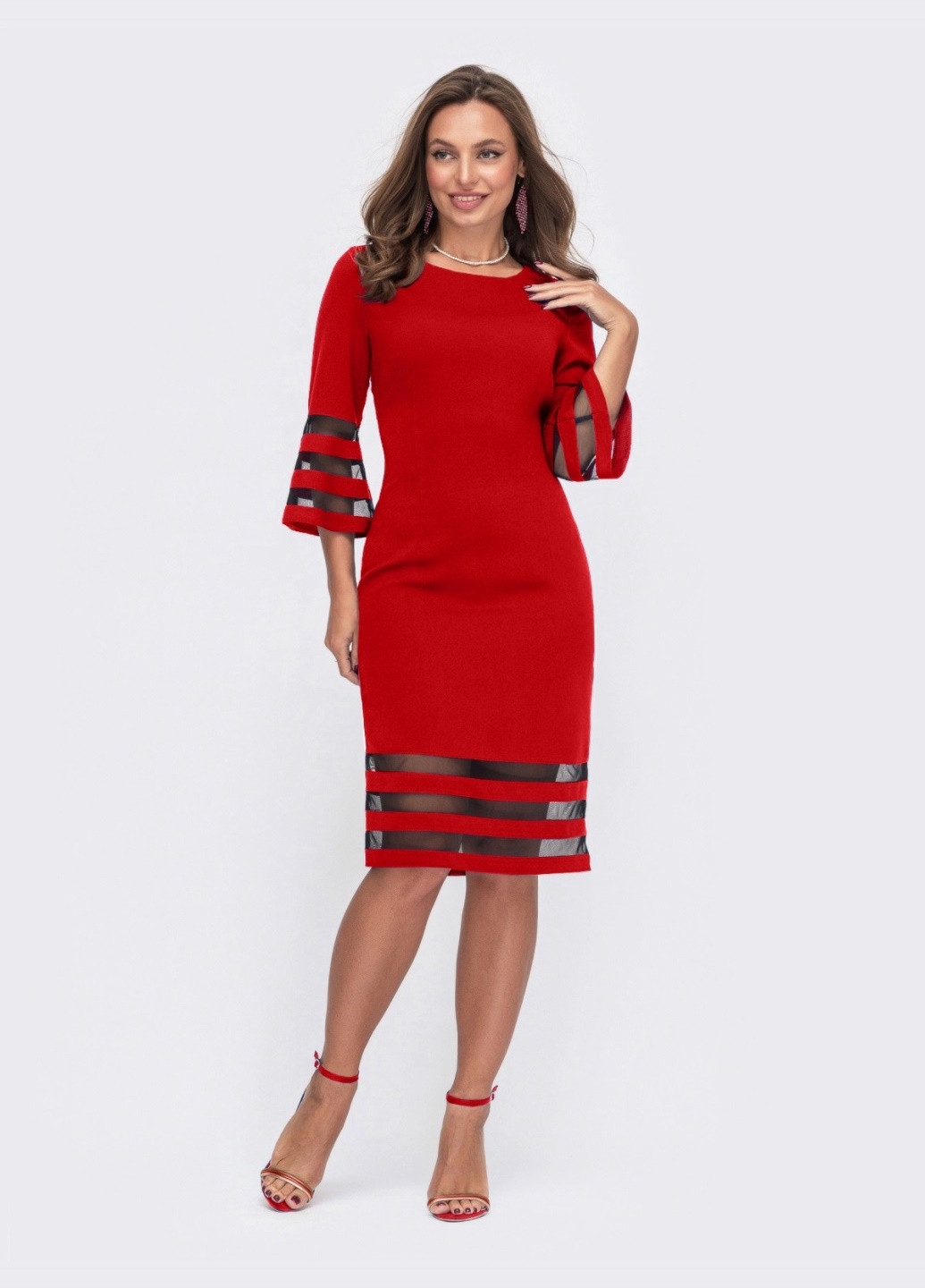 Красное красное платье-футляр с прозрачными вставками на рукавах Dressa