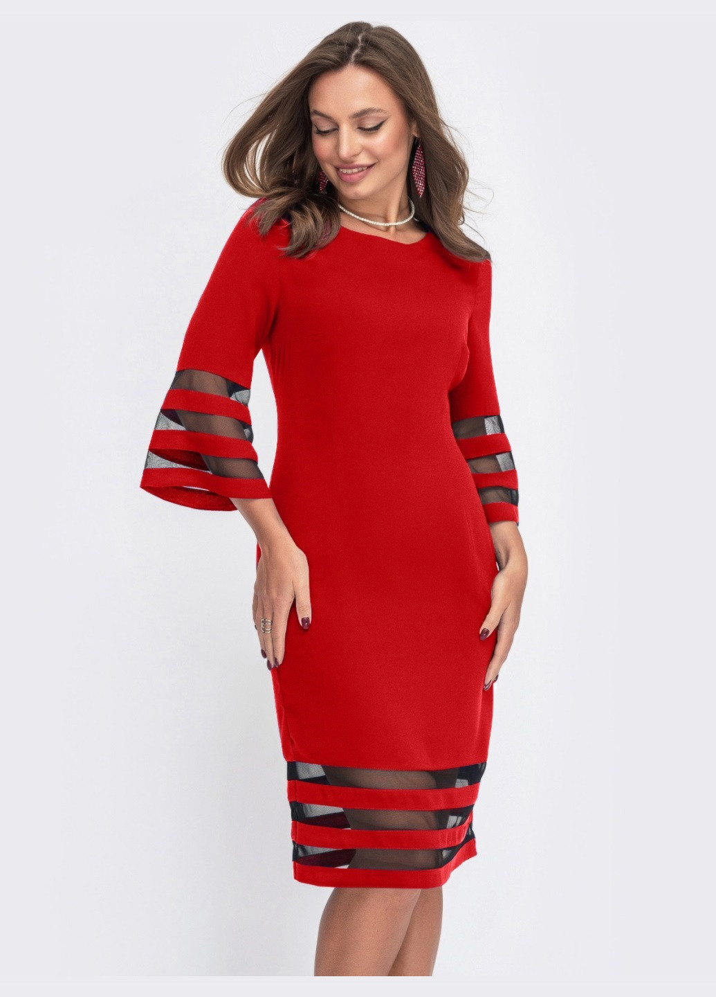 Червона червона сукня-футляр з прозорими вставками на рукавах Dressa