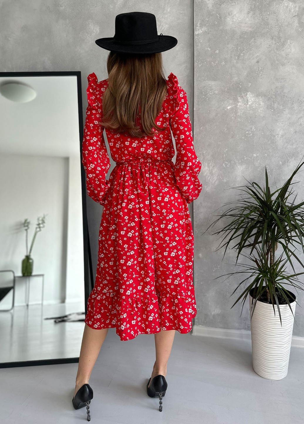 Красное повседневный платье женское клеш ISSA PLUS с цветочным принтом