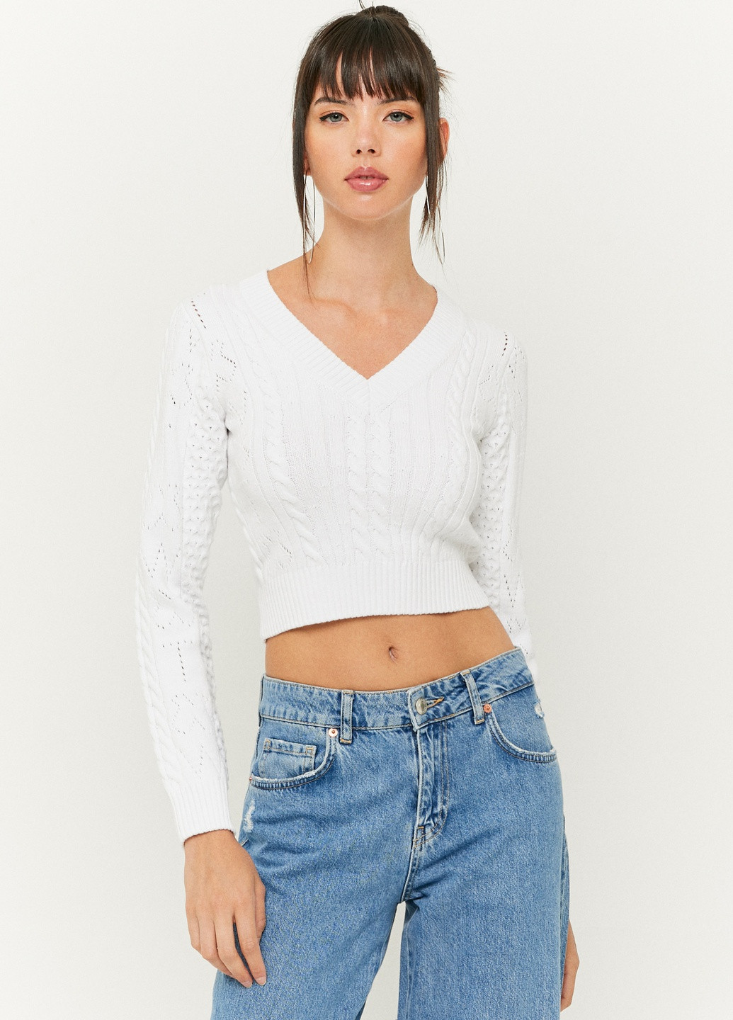 Белый пуловер Tally Weijl Fashion Pullovers - KNIT CROPPED CABLE PULLOVER