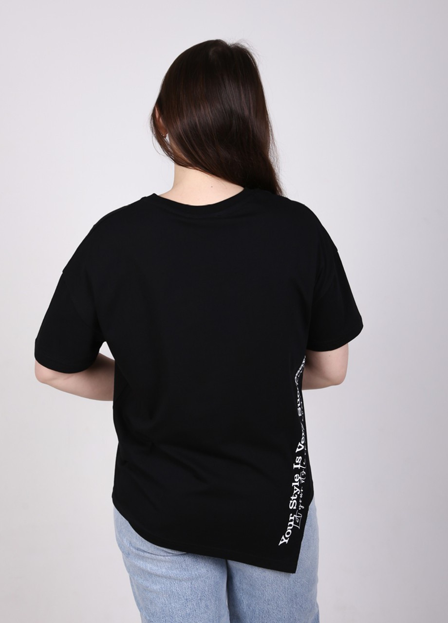 Черная летняя футболка женская черная с надписью ассиметрия с коротким рукавом Whitney Прямая
