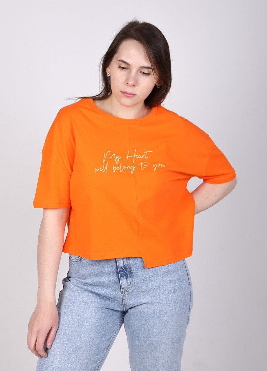 Топ жіночий помаранчевий широкий з написом короткий Whitney свободная (257973570)
