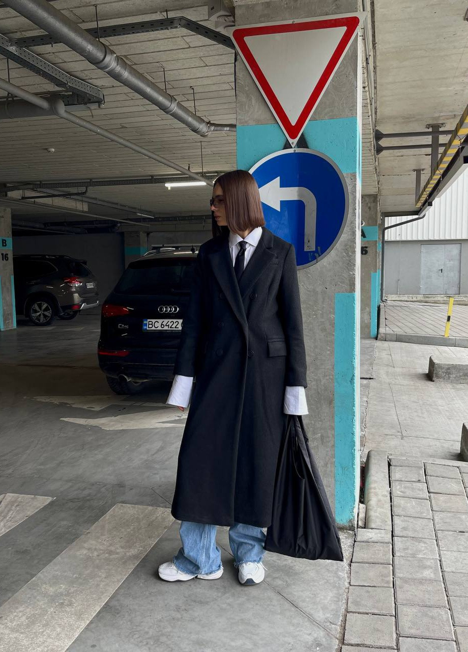 Черное демисезонное Пальто длинное на пуговицах с карманами ZF inspire