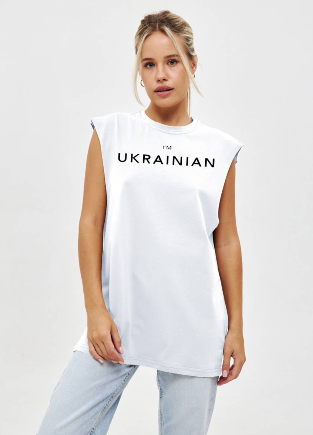 Бежевая демисезон футболка женская белая без рукава i am ukrainian (front) Love&Live