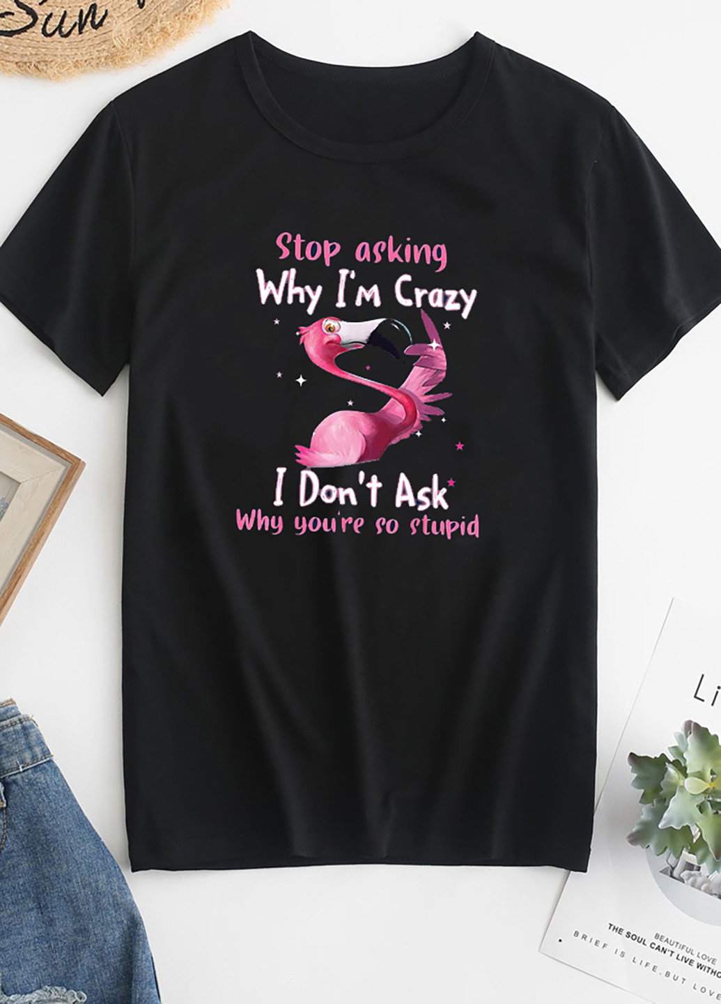 Черная демисезон футболка женская черная crazy flamingo-3 Love&Live