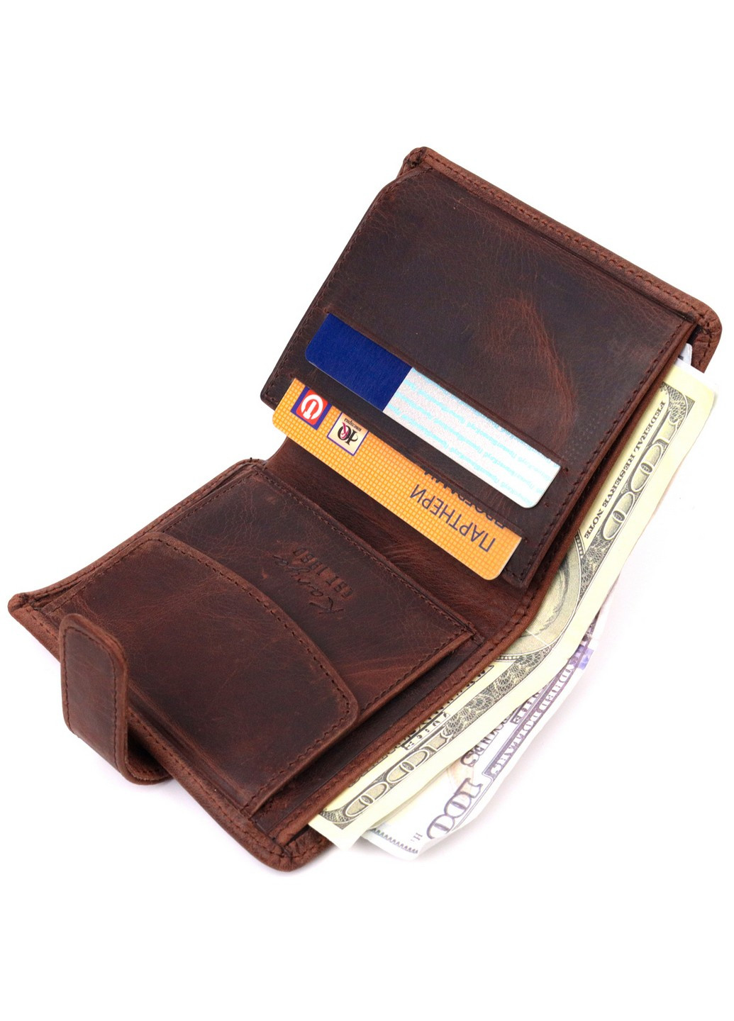 Мужской бумажник из добротной винтажной кожи суперкомпактный 9,5х10,5х1 см Karya (258031381)