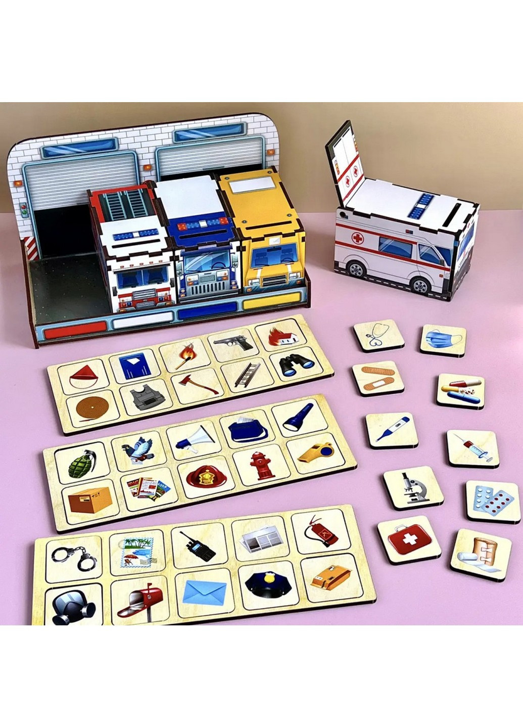 Деревянная настольная игра "Служебный транспорт" сортер-комодик 22х12х14 см No Brand (258031747)