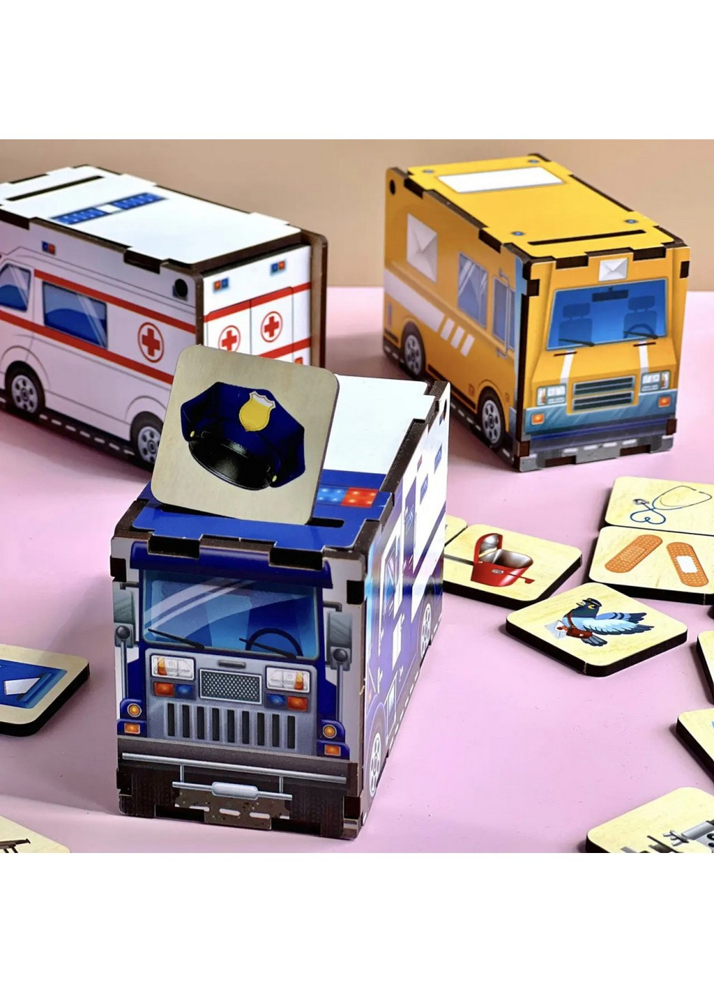 Деревянная настольная игра "Служебный транспорт" сортер-комодик 22х12х14 см No Brand (258031747)