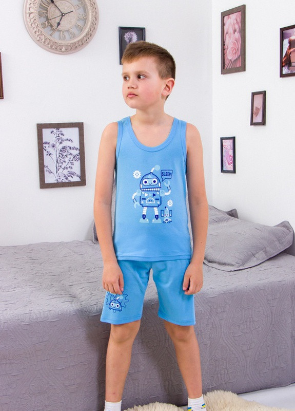 Голубая всесезон комплект спальний для хлопчика (майка+шорти) блакитний (робот) носи своє (6371-008-33-v1) Носи своє