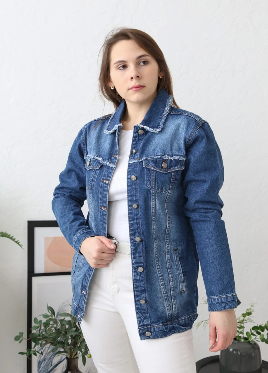 Синяя демисезонная джинсовая куртка женская синяя длинная прямая JEANSclub Прямая