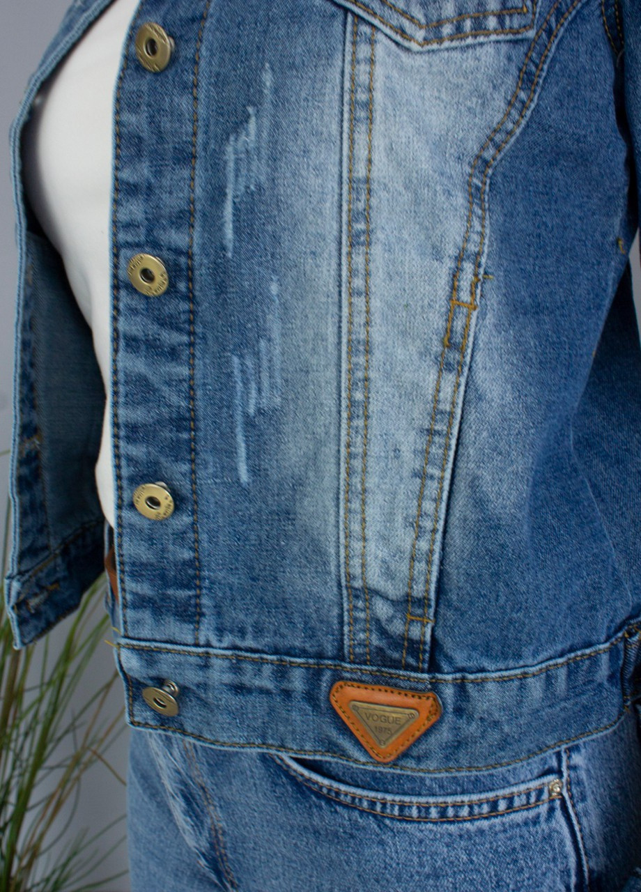 Синяя демисезонная джинсовая куртка женская синяя с потертостями укороченная JEANSclub Прямая